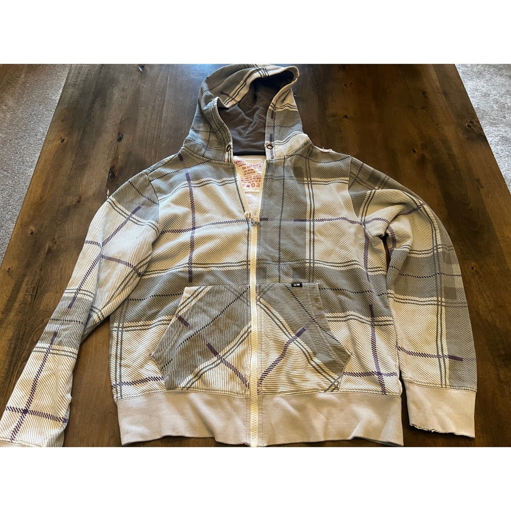 Unionbay Mens Plaid Full Zip Hoodie Grey Purple White Size S Distressed